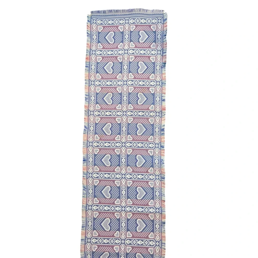 Vtg Woven Heart Table Runner Blue Red White Farmhouse Fringed 14.5x70